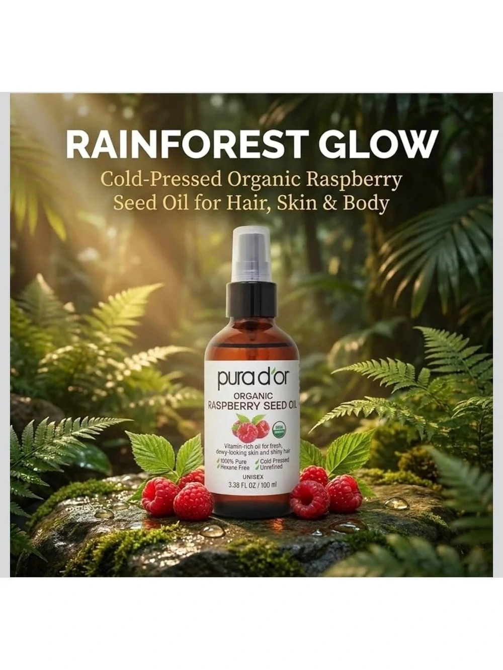 pura d'or Organic Raspberry Seed Oil 3.38 FL OZ / 100 ml - Cold Pressed, Hexane/